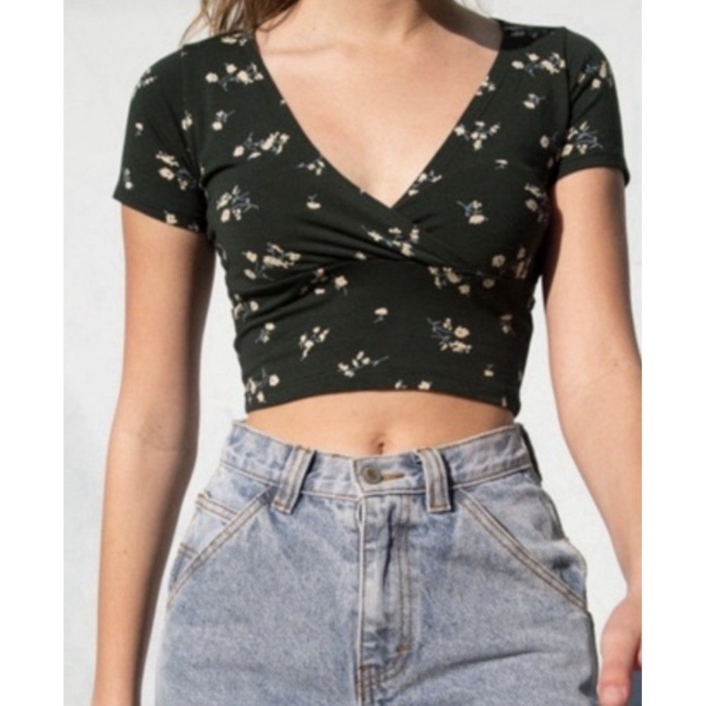 Brandy Melville Dark Forest Green Floral Amara Crop Top White Flowers